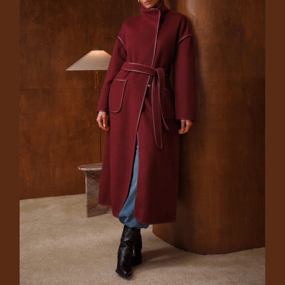 Burgundy Wool Blend Funnel Neck Belted Longline Wrap Coat